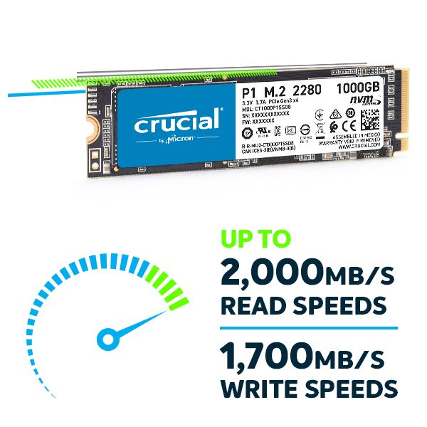 Crucial® P1 SSD - NVMe™ PCIe® technology delivers speeds 2,000/1,700 MB/s
